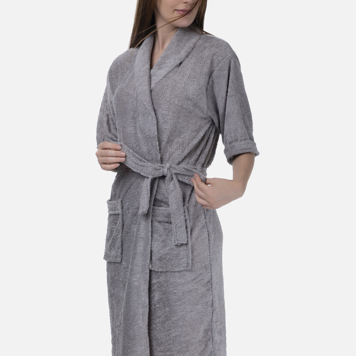 Poftik Women Grey bath robe set for women Free Size 3\4 sleeve bathgown, towel, hand towel, spa slipper pair four-piece bathrobe Set