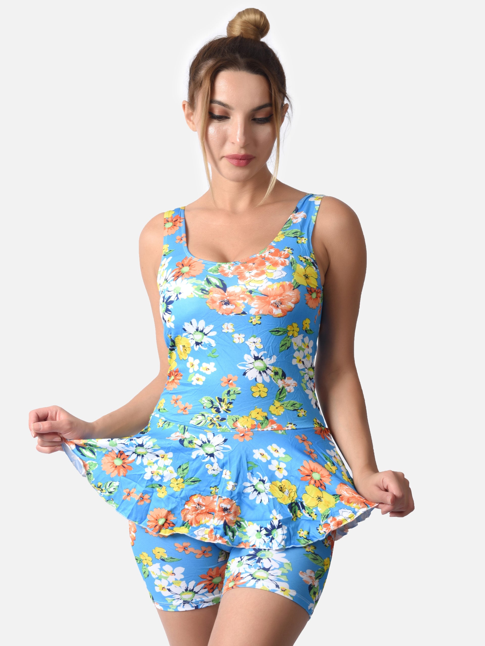 Poftik Printed One Piece Swimsuit With Shorts Padded Swimwear