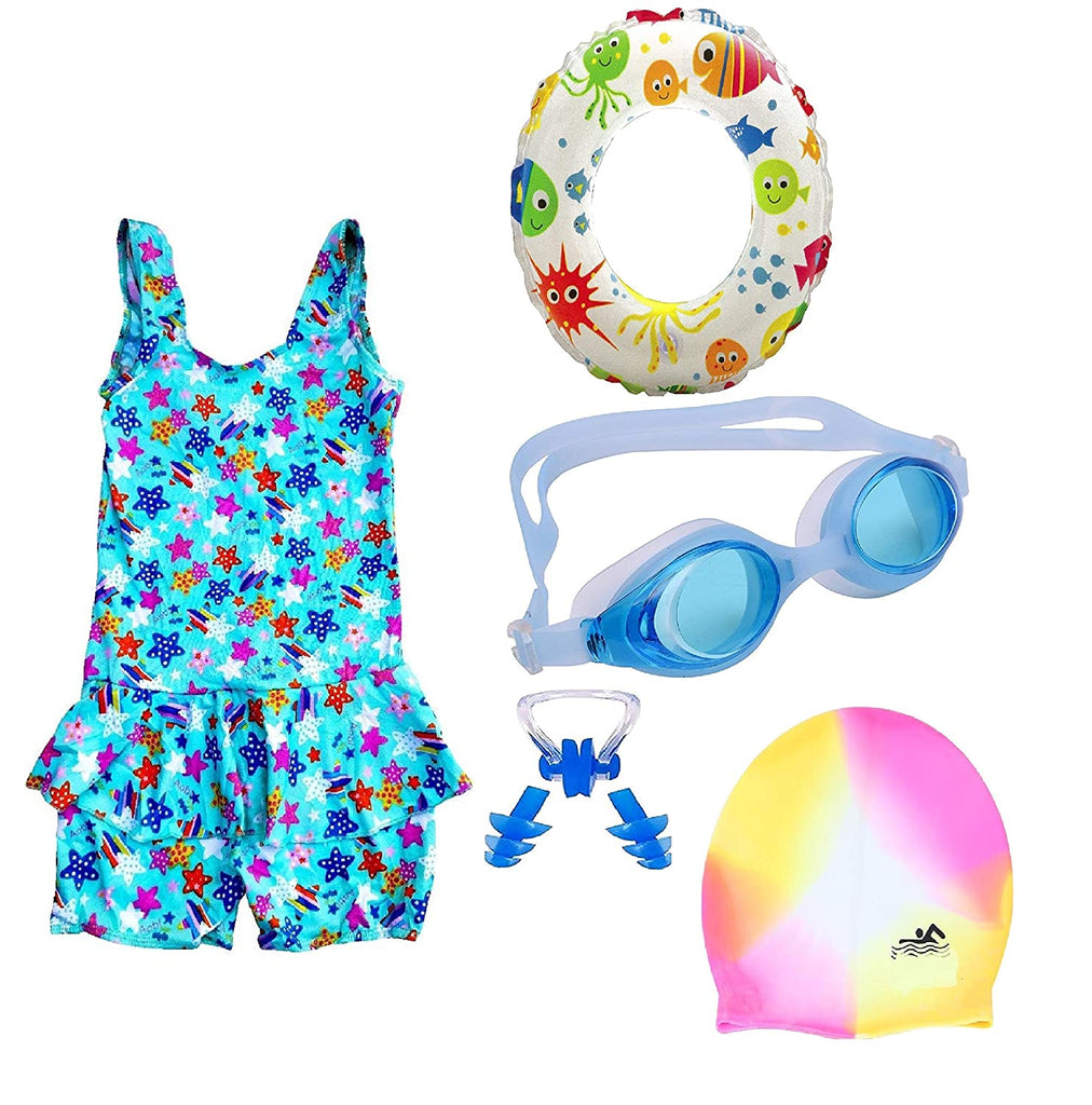 Poftik  Girls Swimming Kit with Swimming Costume Swimming Goggles Silicone Swimming Cap 1 Nose Clip 2 Ear Plugs Girls Swimming Kit with Swimming Costume Swimming Goggles Silicone Swimming Cap 1 Nose Clip 2 Ear Plugs main image 1