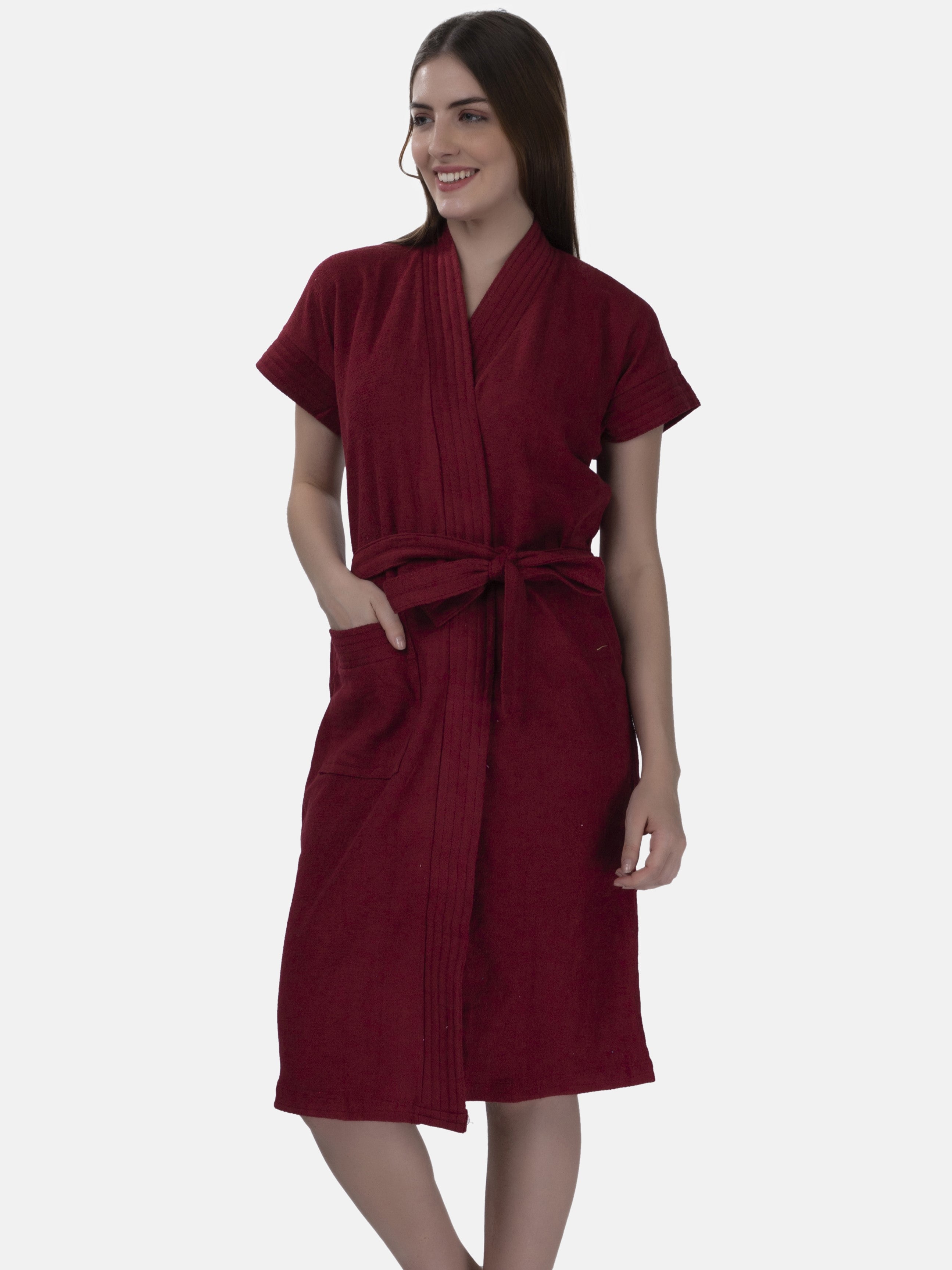 Poftik Maroon 4Pc Bathrobe Set for Women Free Size 3\4 sleeve 1 Bathrobe, 1 Towel, 1 Hand towel, 1 Pair Slipper