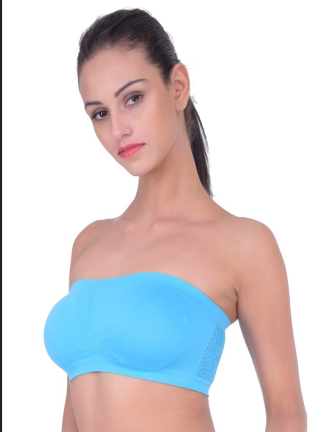 blue strapless and wireless bra