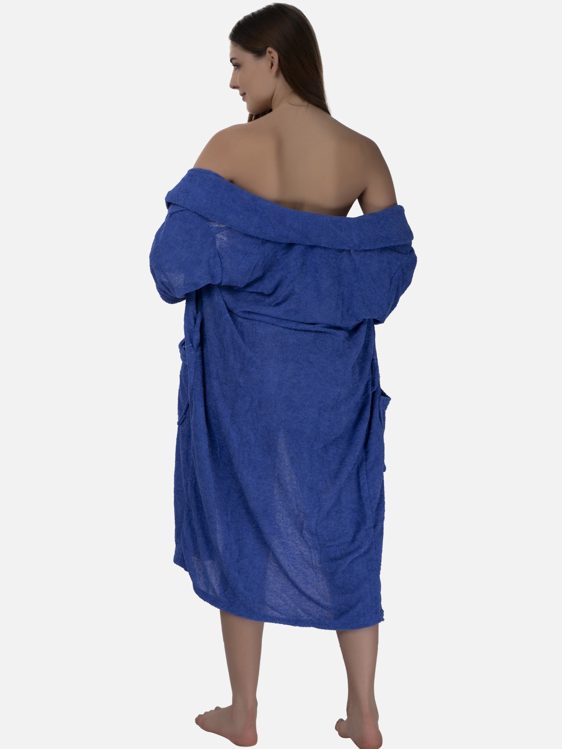 Poftik Navy Blue Terry Cotton Half Sleeve Bathrobe For Women